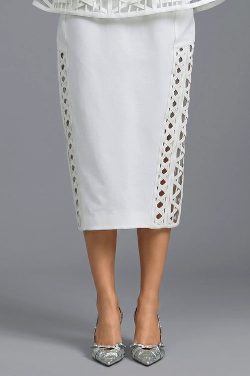 White Sleek Midi Skirt with Paneled Lattice Detailing