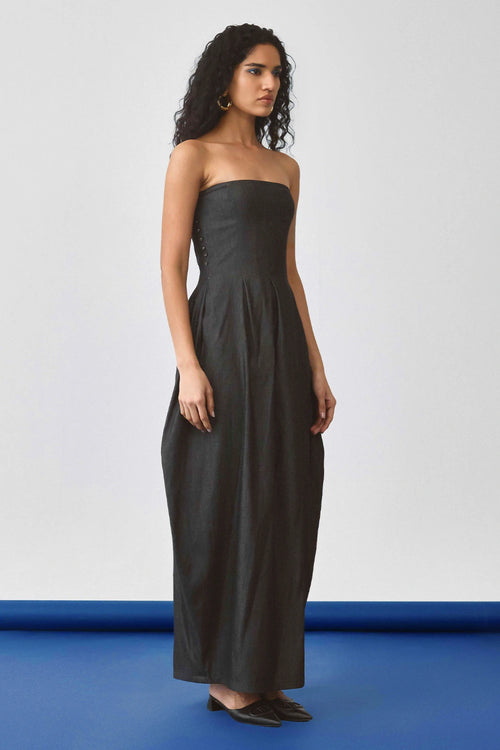 Black Flared Ballon Denim Dress