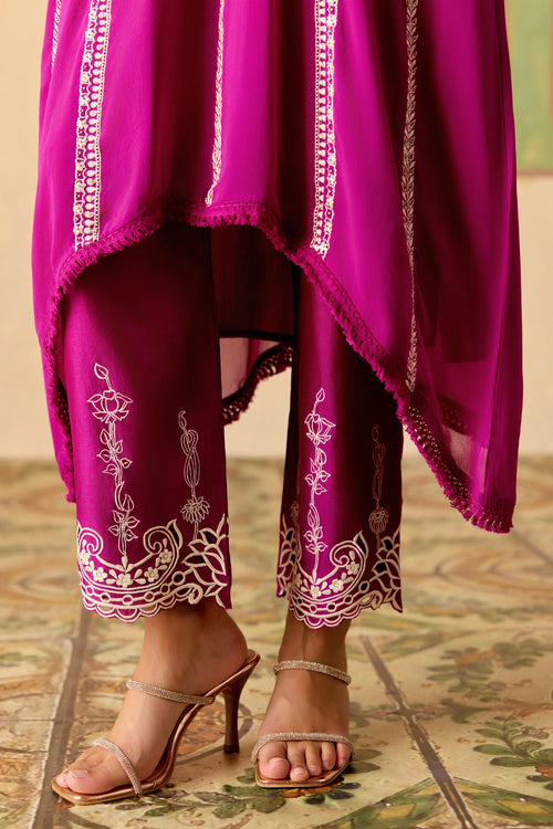 Purple Contrast Embroidered Kimono Kurta with Narrow Pants