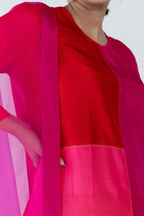 Fuschia Red Ombre Color Block Kurta Set