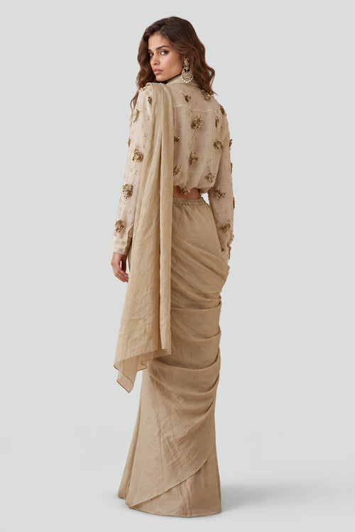 Stone Organza Studded Shirt With A Tissue Knotted Saree