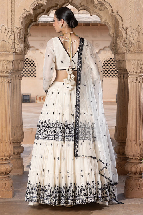 Black and White Lotus Lehenga with Embroidered Dupatta