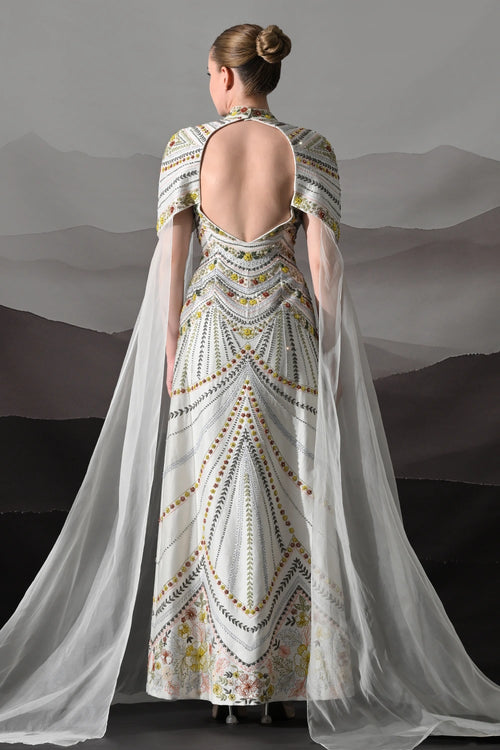 Ivory Hand-Embroidered Gown With Draped Tulle Overlay