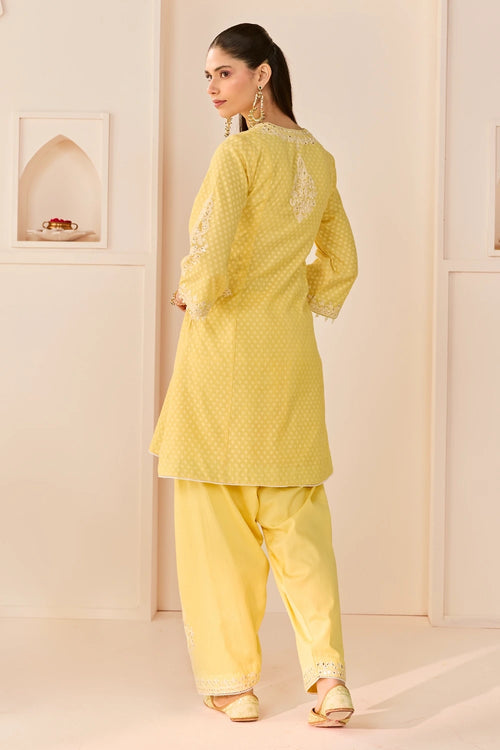 Reem Lemon Yellow Short Choga with Dogri Salwar and Dupatta