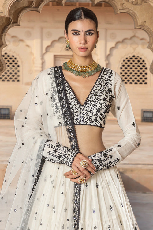 Black and White Lotus Lehenga with Embroidered Dupatta