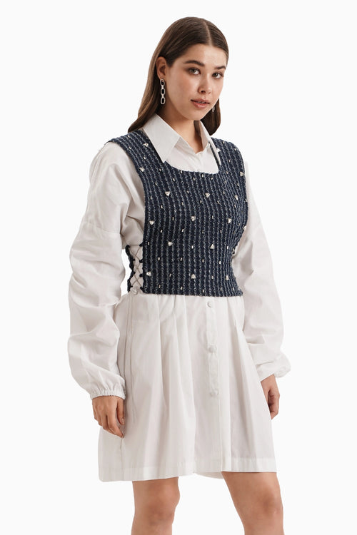 Dark Denim Lazercut Bib with Crystal Embellishment