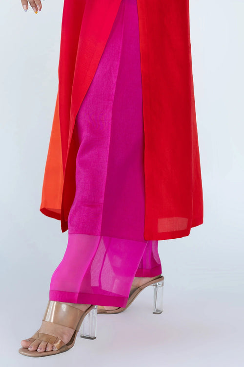 Fuschia Red Ombre Color Block Kurta Set