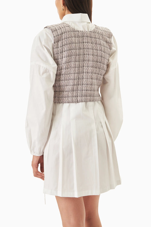 Cotton Pleated Shirt Dress with Pink Black Knit Bib