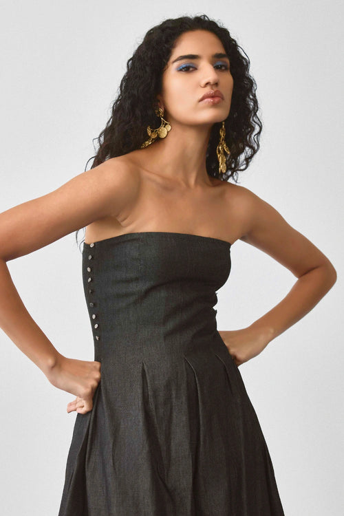 Black Flared Ballon Denim Dress