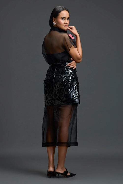 Black Laser-Cut Organza Panel Skirt