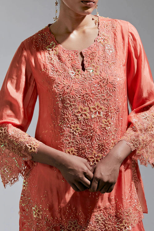 Vermilion Floral Embroidered Silk Salwar Set