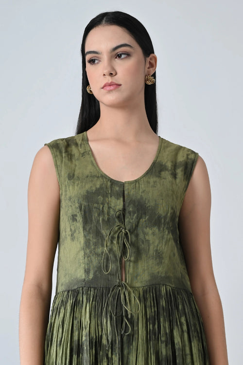 Green Forest  Gathered Printed Long Dress