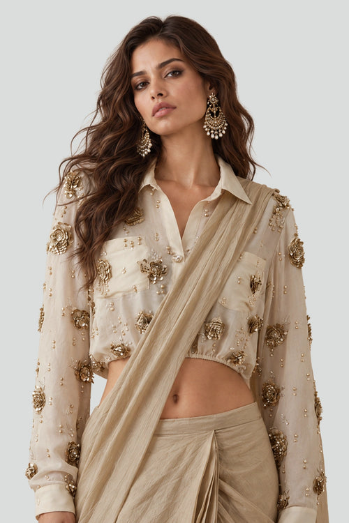 Stone Organza Studded Shirt With A Tissue Knotted Saree