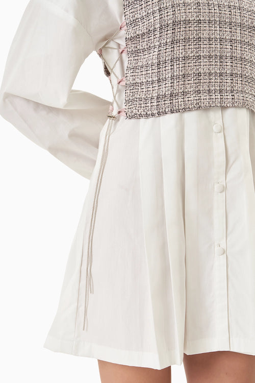 Cotton Pleated Shirt Dress with Pink Black Knit Bib
