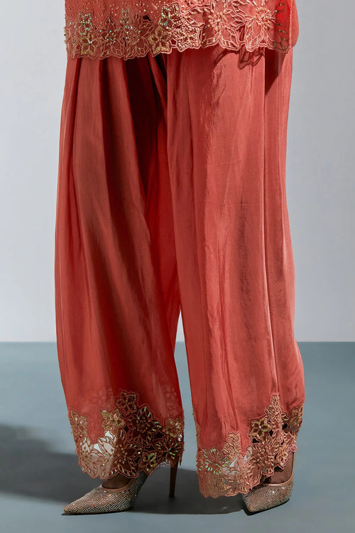 Vermilion Floral Embroidered Silk Salwar Set