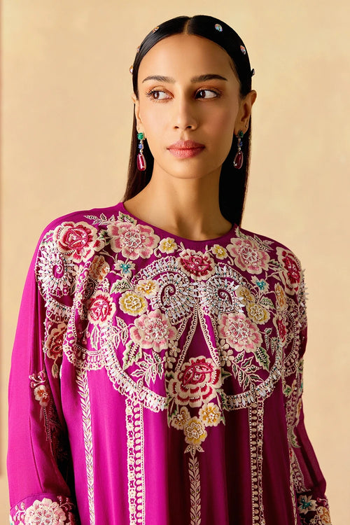 Purple Contrast Embroidered Kimono Kurta with Narrow Pants