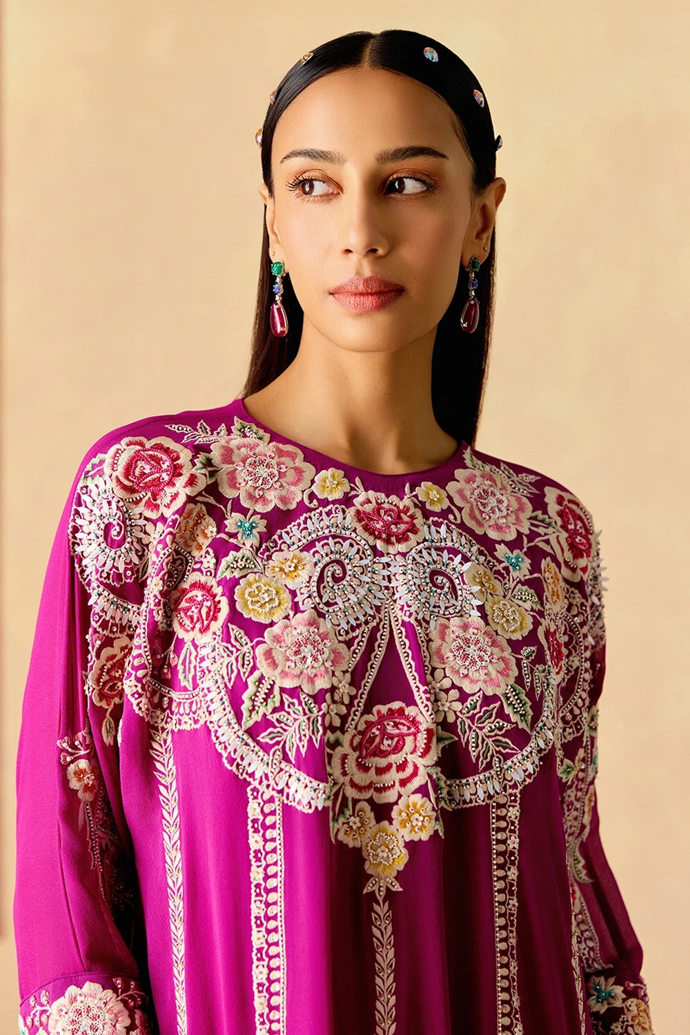 Purple Contrast Embroidered Kimono Kurta with Narrow Pants
