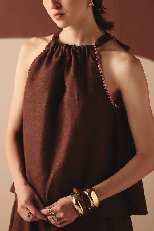 Brown Noir Halter Tie-Up Top