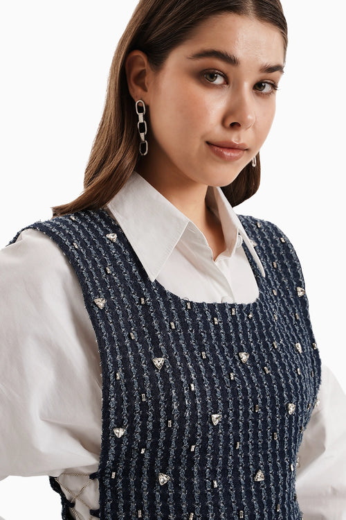 Dark Denim Lazercut Bib with Crystal Embellishment