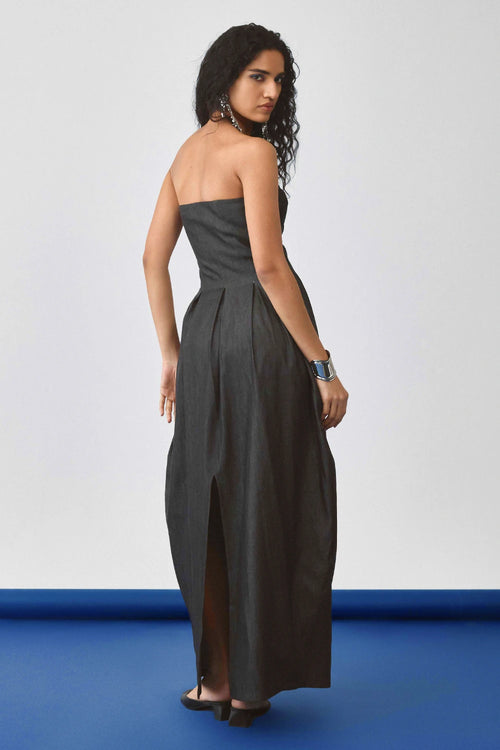 Black Flared Ballon Denim Dress