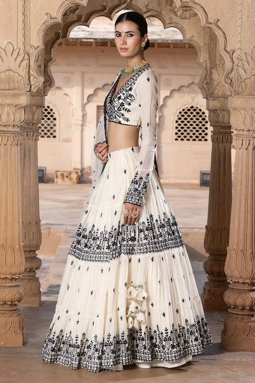 Black and White Lotus Lehenga with Embroidered Dupatta