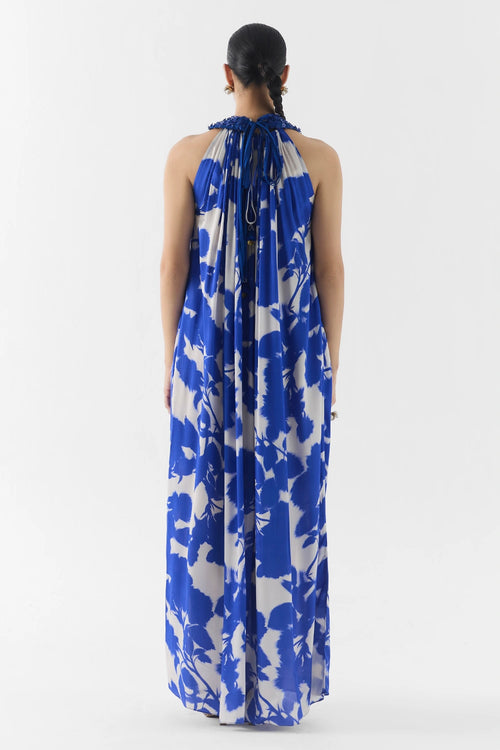 Blue Ink Halter Dress With Collar
