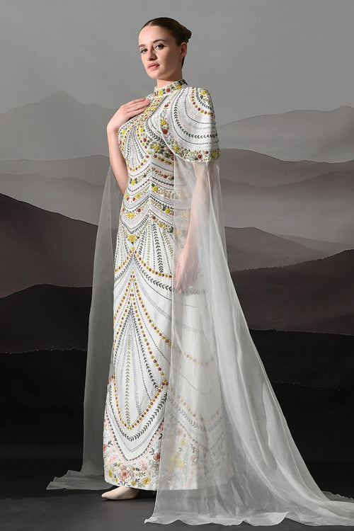 Ivory Hand-Embroidered Gown With Draped Tulle Overlay