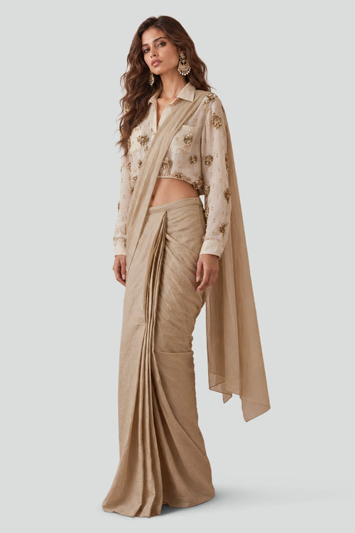 Stone Organza Studded Shirt With A Tissue Knotted Saree