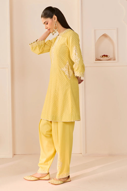 Reem Lemon Yellow Short Choga with Dogri Salwar and Dupatta