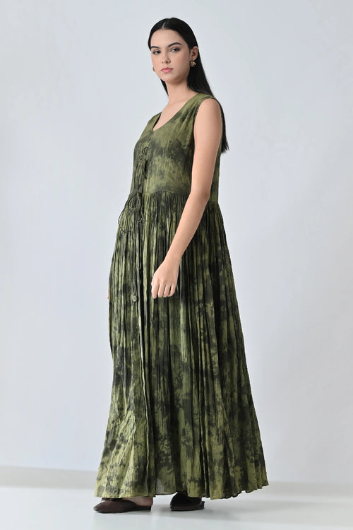 Green Forest  Gathered Printed Long Dress