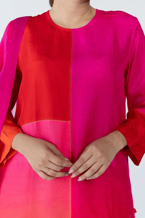 Fuschia Red Ombre Color Block Kurta Set