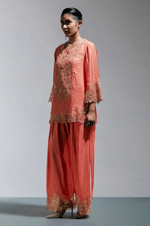 Vermilion Floral Embroidered Silk Salwar Set