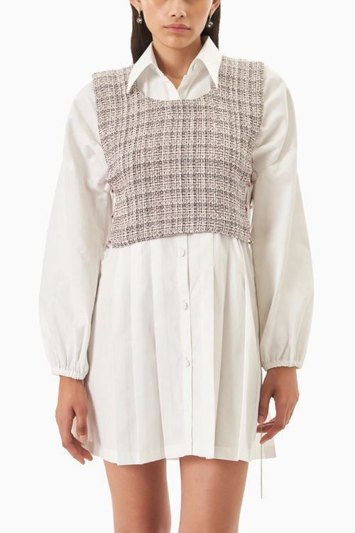 Cotton Pleated Shirt Dress with Pink Black Knit Bib
