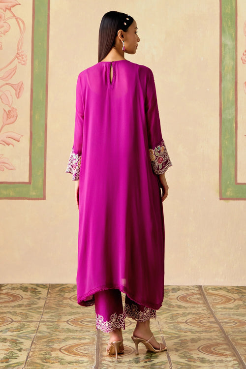 Purple Contrast Embroidered Kimono Kurta with Narrow Pants