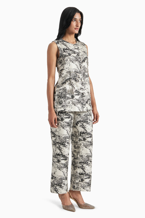 Black And White Silk Jacquard Jacket And Pants Set
