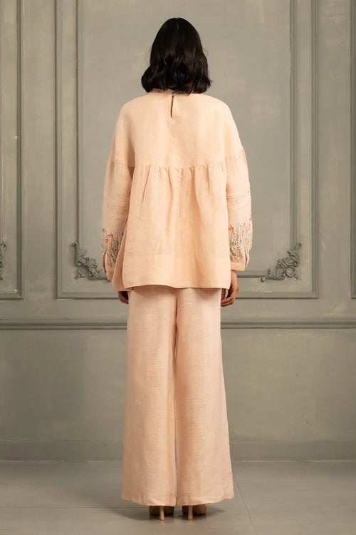 Old Rose Gauze Linen Embroidered Top And Flared Pants Set