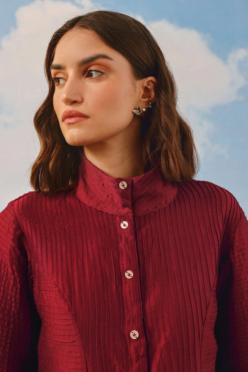 Mulled Wine Pintuck Shirt Jacket With Box Pleat Palazzos