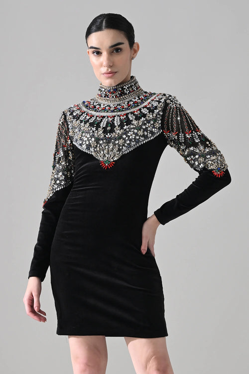 Black High-Neck Short Dress With Jeweled Embroidered Yoke Detail