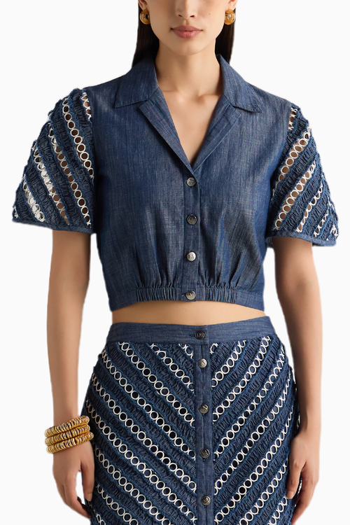 Lace Insert Denim Crop Shirt