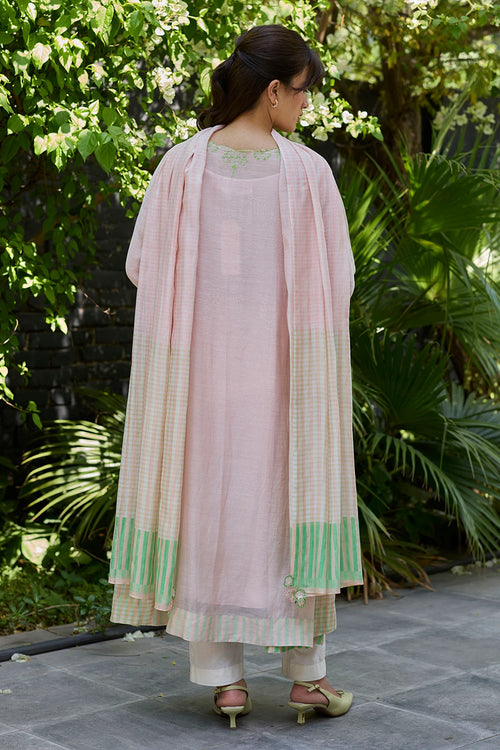 Thread & Bloom Pink Embroidered Kurta Set With Dupatta