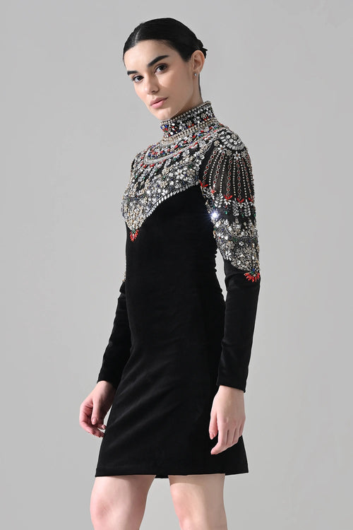 Black High-Neck Short Dress With Jeweled Embroidered Yoke Detail
