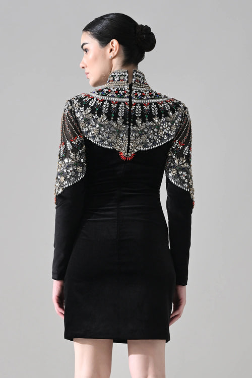 Black High-Neck Short Dress With Jeweled Embroidered Yoke Detail