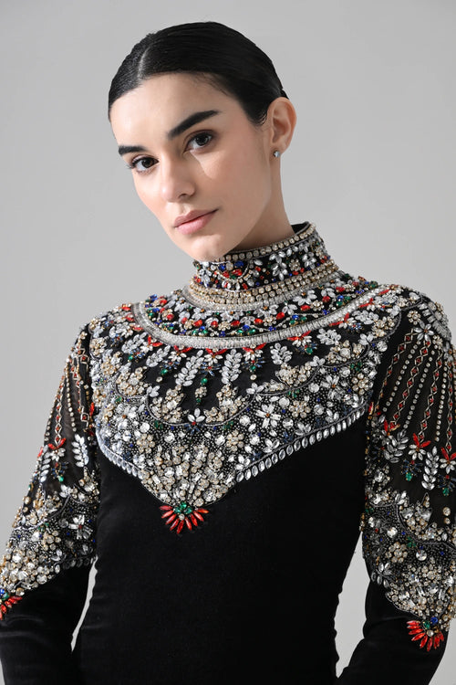 Black High-Neck Short Dress With Jeweled Embroidered Yoke Detail