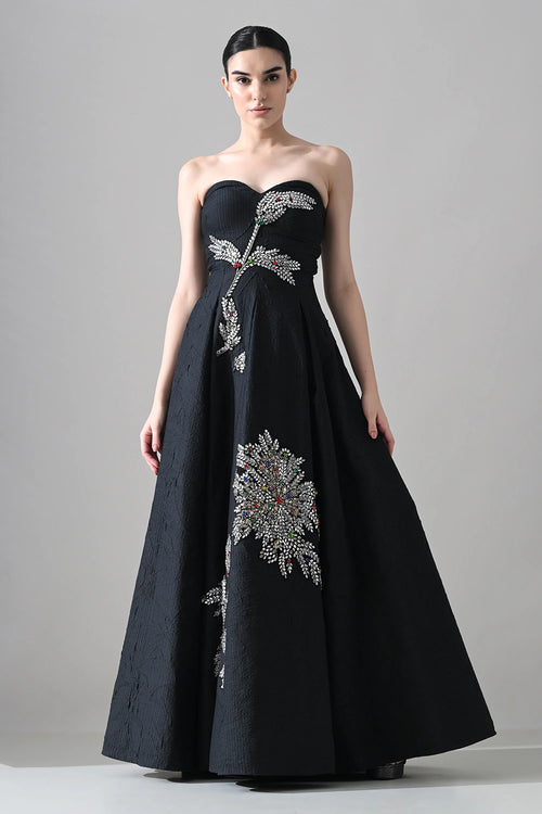 Black Strapless Gown With Cascading Hand-Embroidered Vine