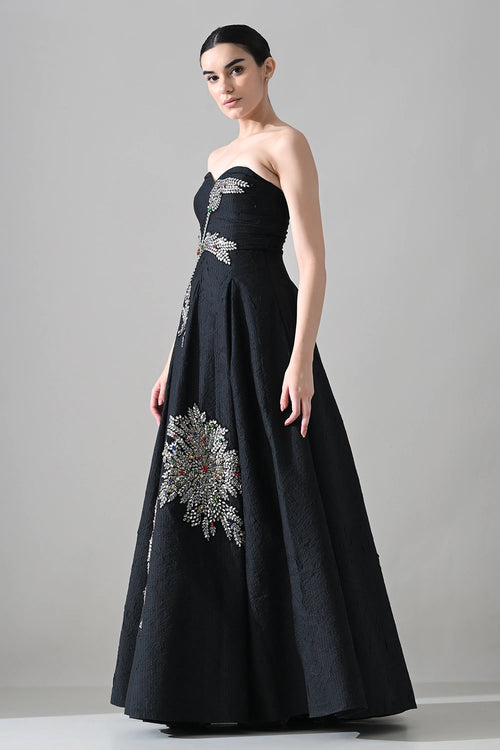 Black Strapless Gown With Cascading Hand-Embroidered Vine