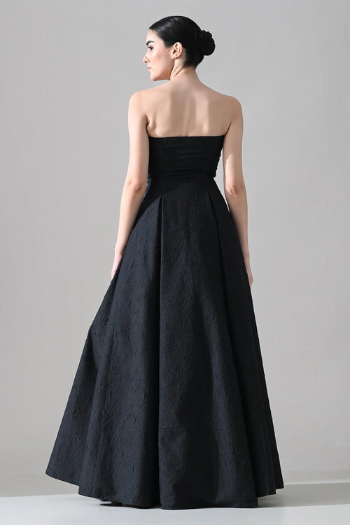 Black Strapless Gown With Cascading Hand-Embroidered Vine