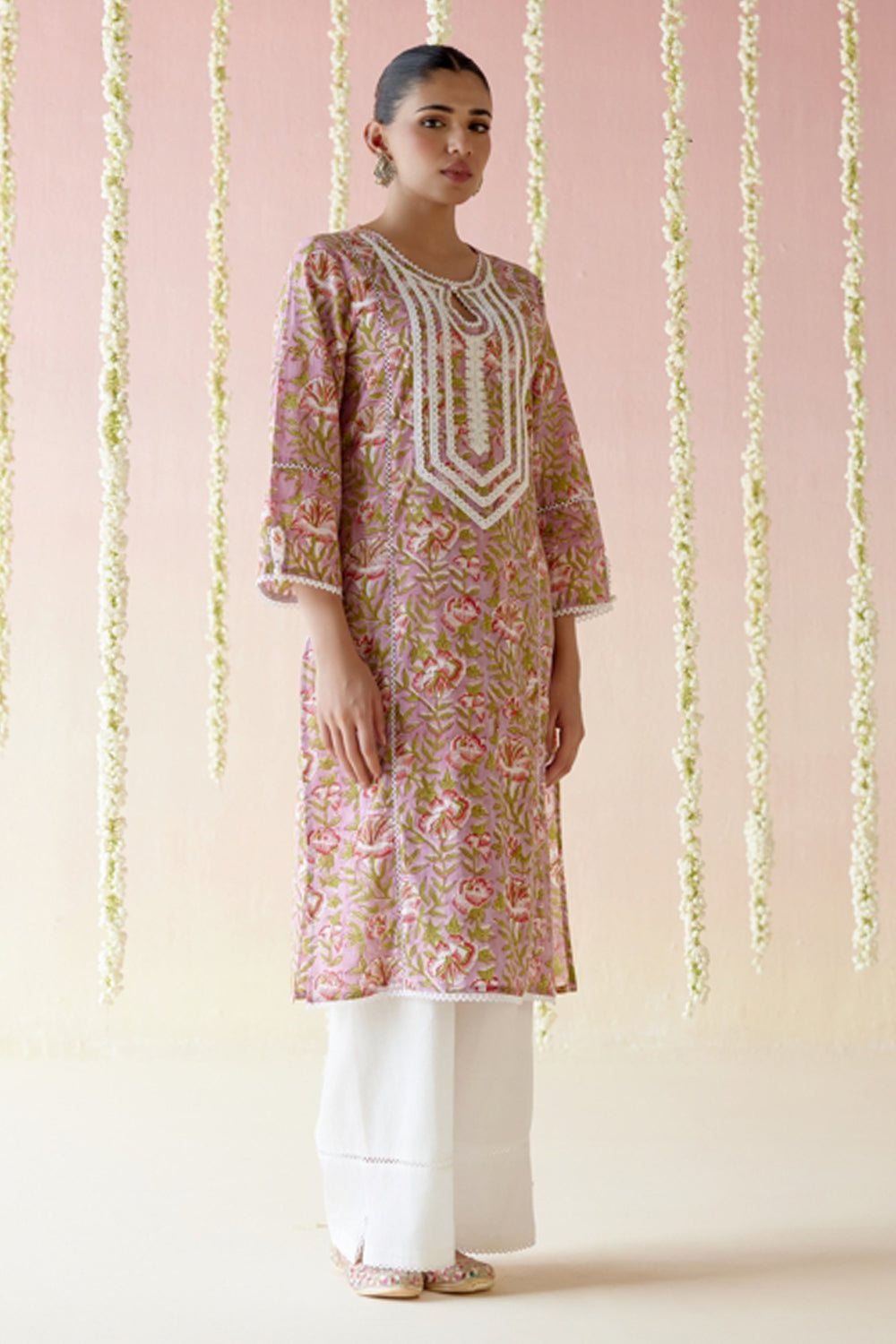 Mulberry Pink Floral Chintz Kurta with Wide Leg Pants