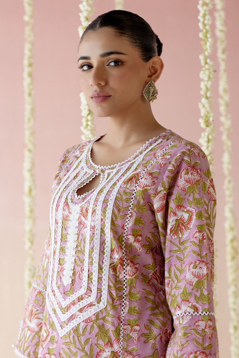 Mulberry Pink Floral Chintz Kurta with Wide Leg Pants