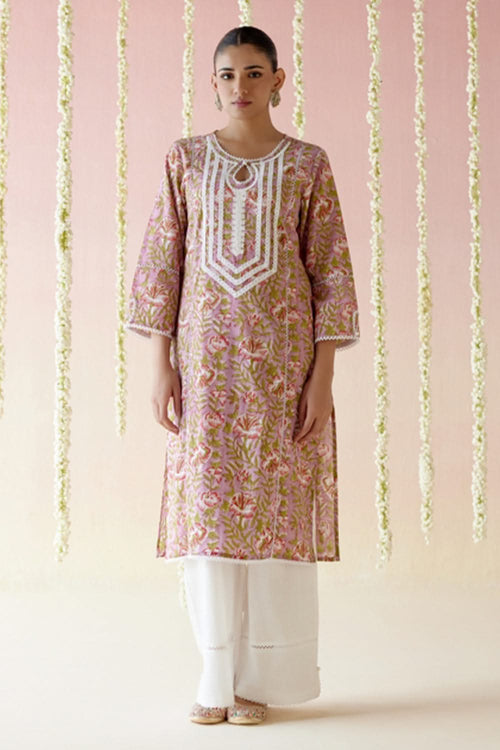 Mulberry Pink Floral Chintz Kurta with Wide Leg Pants