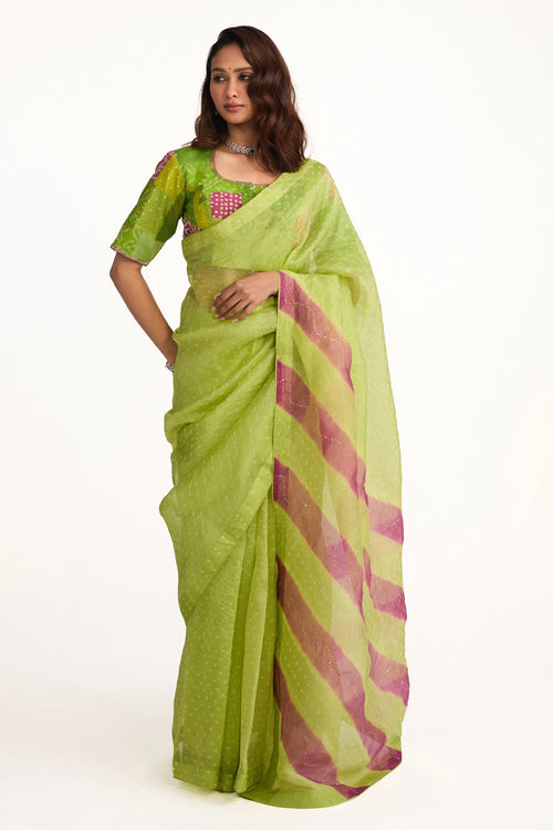 Green Organza Bandhani Saree with Boro Blouse